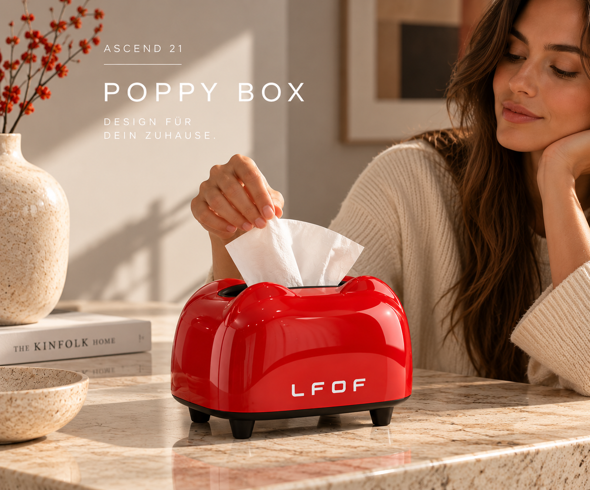 ASCEND 21 Poppy Box Taschentuchbox Rot – Retro Design Taschentuchspender mit Hochglanz-Optik – Dekorative Kosmetiktücherbox für Wohnzimmer, Schlafzimmer, Bad & Büro