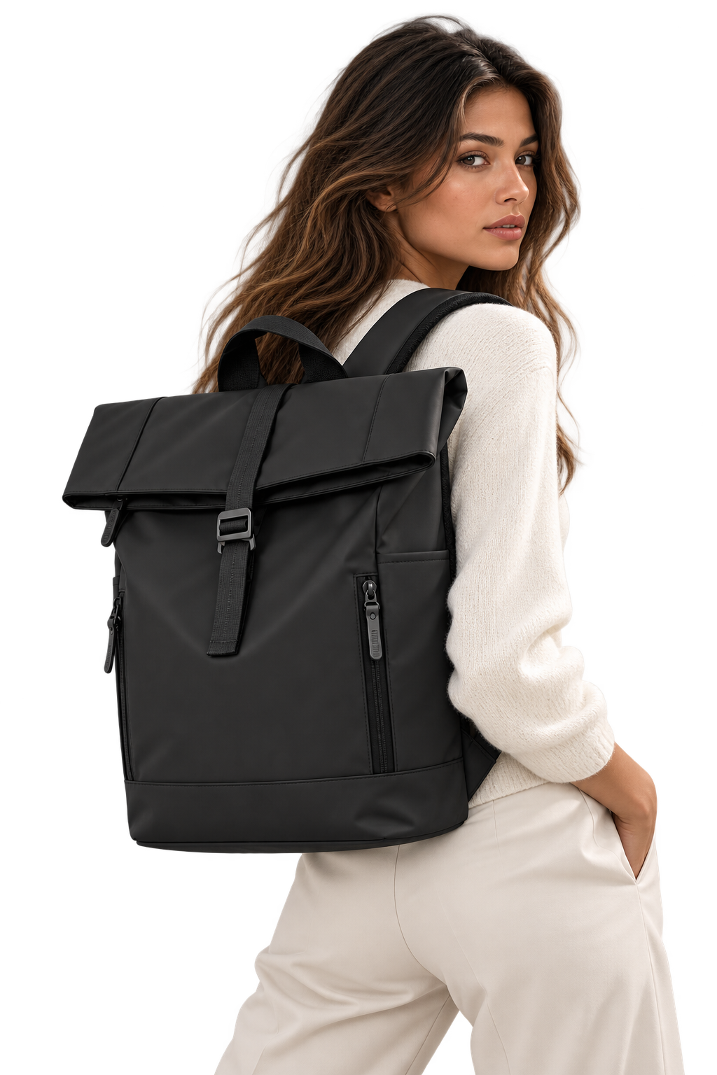 ASCEND 21 UrbanFlex Black – Rolltop Rucksack Herren & Damen – Moderner Laptop Rucksack mit erweiterbarem Stauraum – Schwarzer Business Rucksack mit Reißverschlussfächern für Arbeit, Uni, Alltag & Reisen