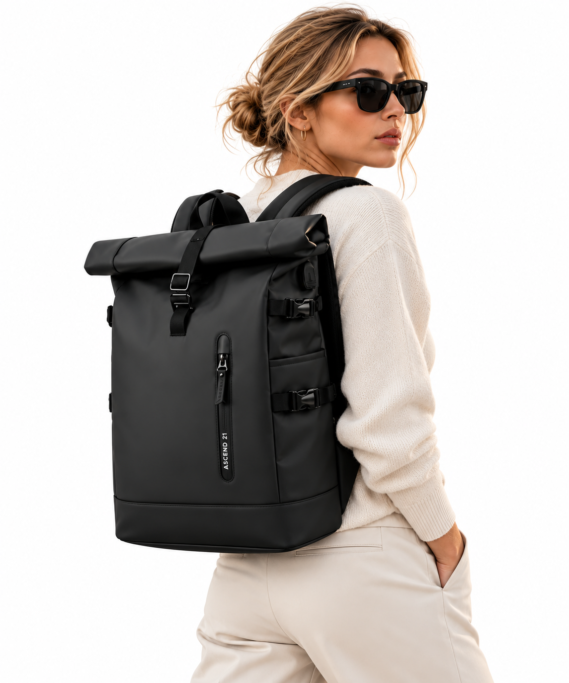 ASCEND 21 UrbanFlex Black – Rolltop Rucksack Herren & Damen – Moderner Laptop Rucksack mit verstellbaren Schultergurten – Schwarzer Business Rucksack für Büro, Uni, Alltag & Reisen