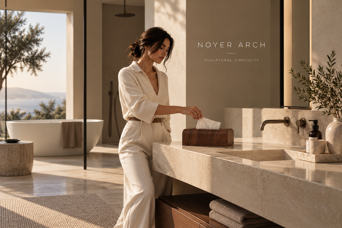 ASCEND 21 NOYER ARCH – Premium Taschentuchbox in edler Walnuss-Optik – Minimalistische Kosmetiktuchbox mit abgerundeten Kanten – Eleganter Taschentuchspender im Japandi Design für Wohnzimmer, Badezimmer & Büro – 26,5 × 14 × 8,5 cm