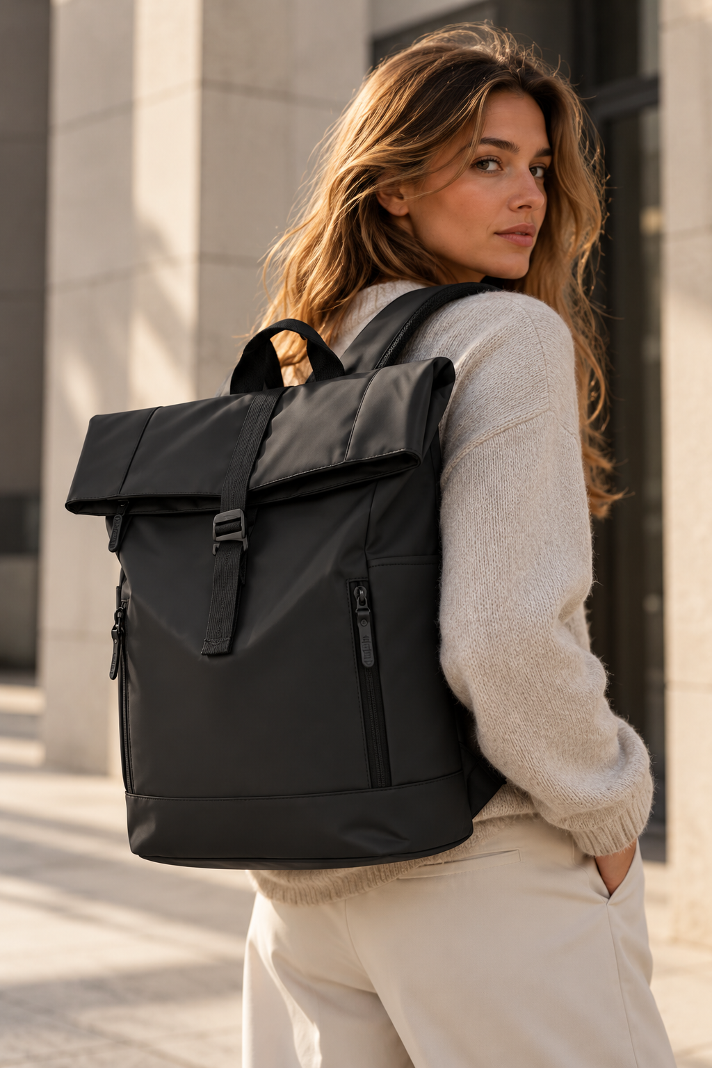 ASCEND 21 UrbanFlex Black – Rolltop Rucksack Herren & Damen – Moderner Laptop Rucksack mit erweiterbarem Stauraum – Schwarzer Business Rucksack mit Reißverschlussfächern für Arbeit, Uni, Alltag & Reisen