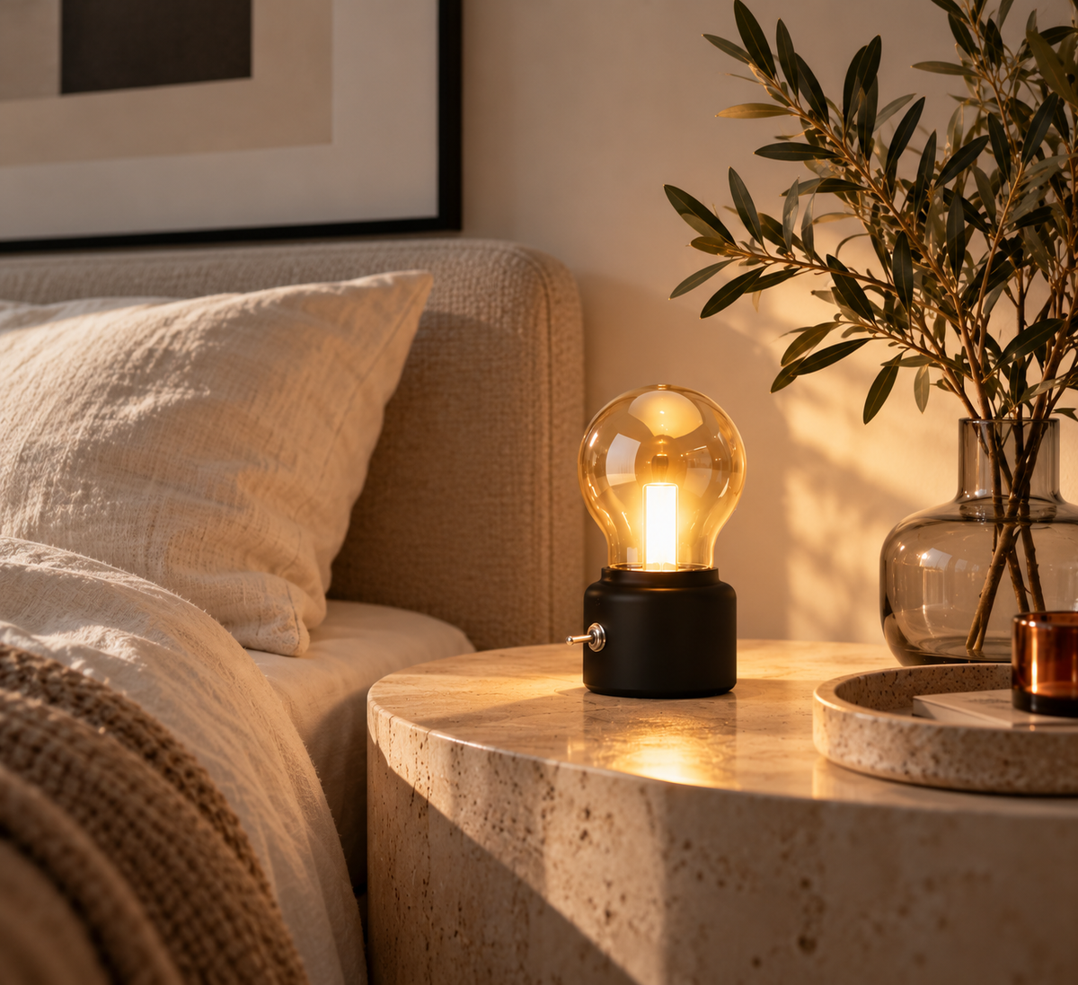 ASCEND 21 Retro Glow Black – LED Tischlampe im Vintage Design – Dekorative Nachttischlampe mit warmem Licht & Kippschalter – Kleine Retro Tischleuchte in Glühbirnen-Optik für Schlafzimmer, Wohnzimmer & Schreibtisch – Schwarz, 11 cm