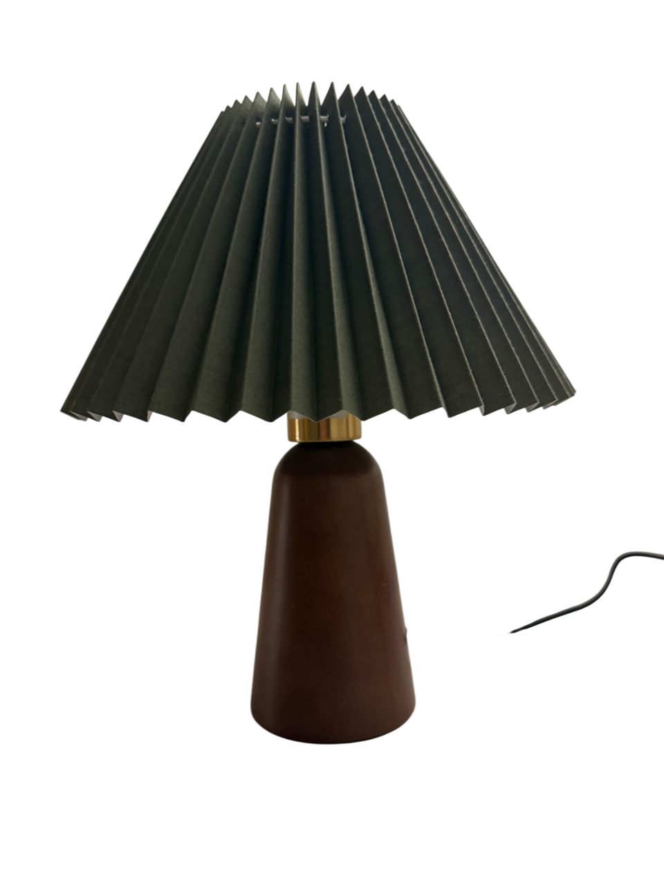 „Olivia Verde“ Tischlampe – Gefalteter Stoffschirm in Olivgrün | Design-Leuchte mit Holzoptik-Sockel