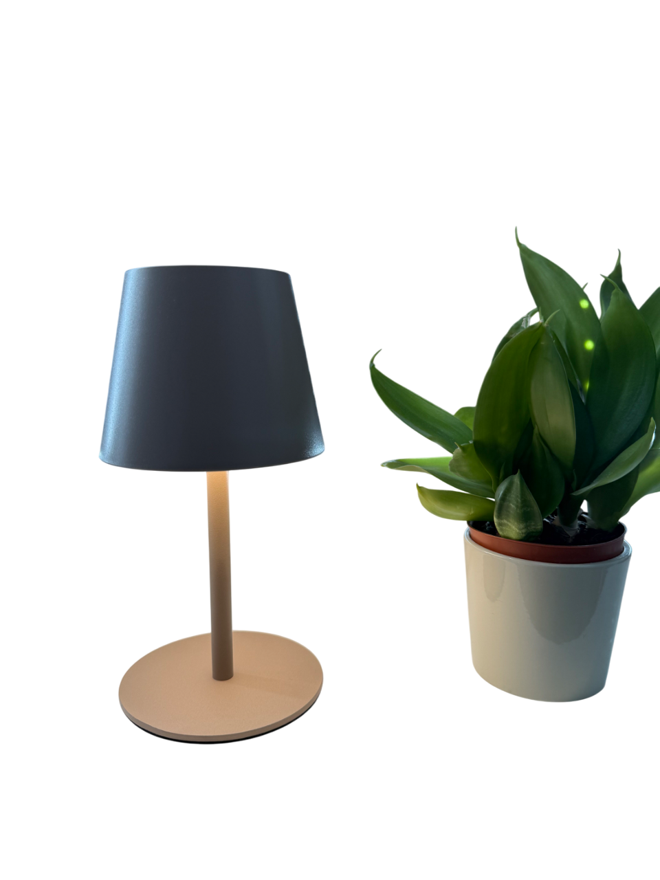 Lumo Sand – Moderne Akku-Tischlampe in Grau-Beige mit warmem Licht