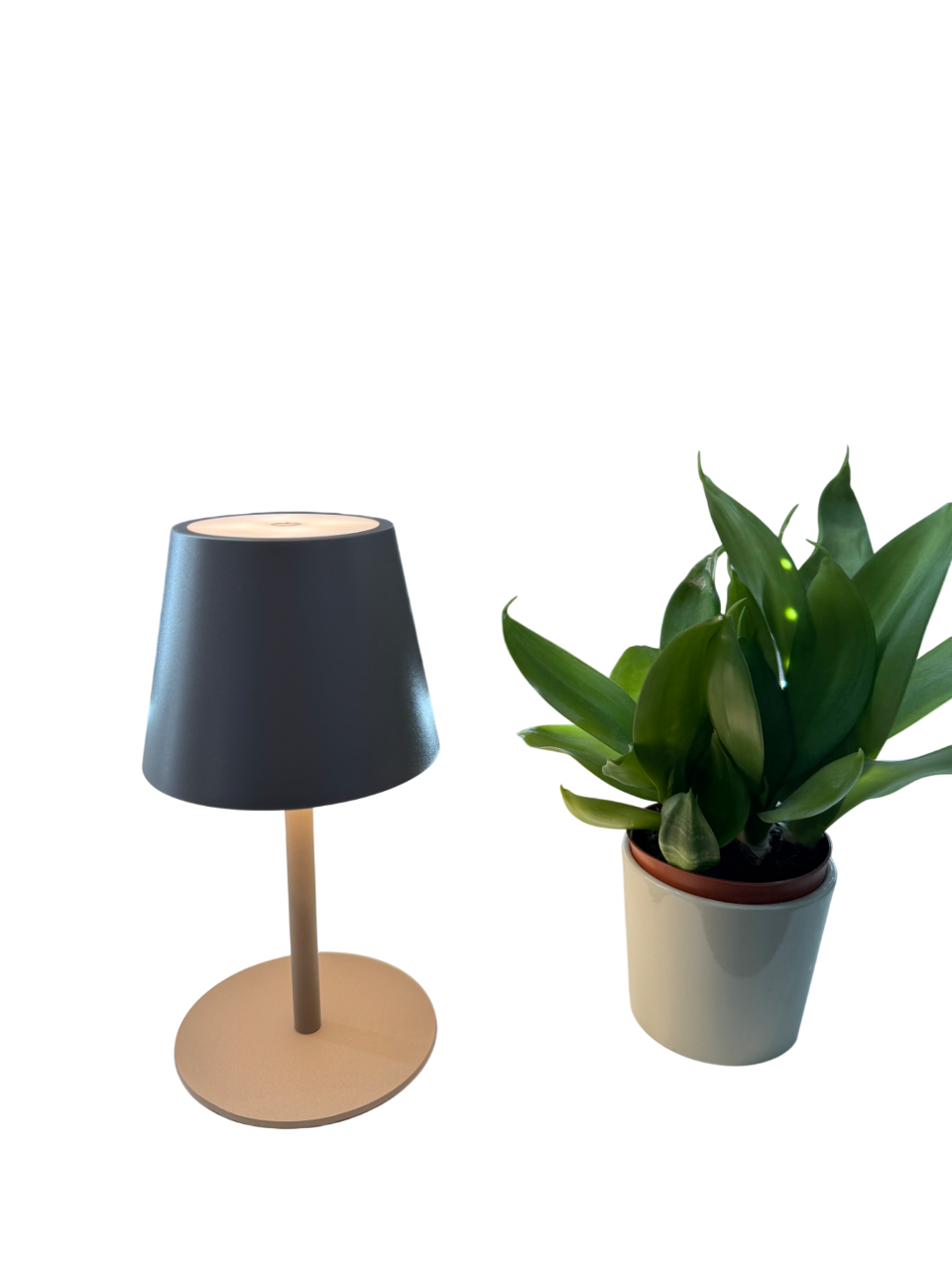 Lumo Sand – Moderne Akku-Tischlampe in Grau-Beige mit warmem Licht