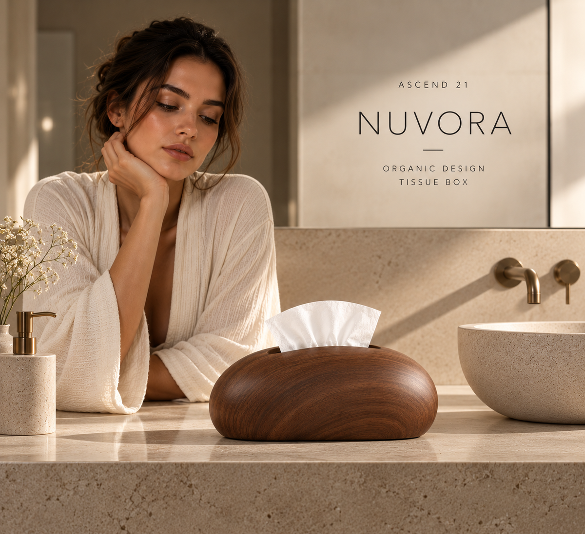 ASCEND 21 NUVORA – Premium Design Tissue Box Dark Walnut | Dekorative Kosmetiktücherbox in Walnussholzoptik | Organisch geformter Taschentuchspender | Moderne Taschentuchbox für Wohnzimmer, Schlafzimmer & Büro