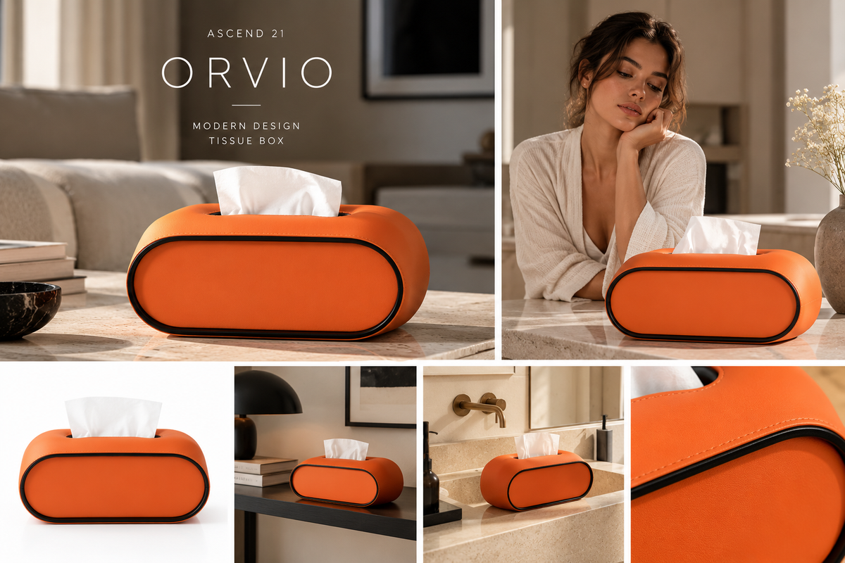 ASCEND 21 ORVIO – Premium Design Tissue Box Vibrant Orange | Moderne Kosmetiktücherbox in Orange mit schwarzem Kontrastrand | Ovale Taschentuchbox in Lederoptik | Dekorativer Taschentuchspender für Wohnzimmer, Schlafzimmer & Büro
