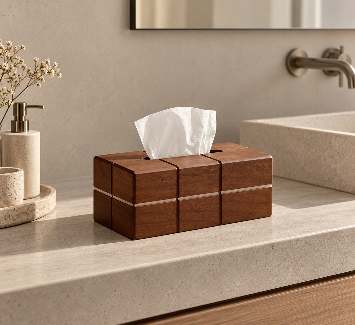 ASCEND 21 Noble Grid – Kosmetiktuchbox aus Holz in Walnuss-Optik – Elegante Tissue Box mit geometrischem Design – Moderne Taschentuchbox für Badezimmer, Wohnzimmer & Büro – 19 × 13 × 10 cm