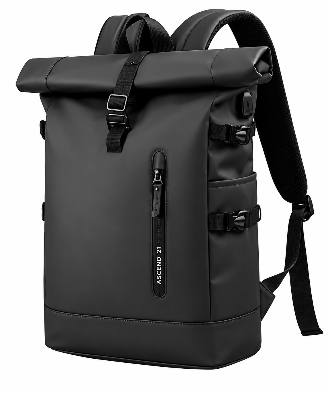 ASCEND 21 UrbanFlex Black – Rolltop Rucksack Herren & Damen – Moderner Laptop Rucksack mit verstellbaren Schultergurten – Schwarzer Business Rucksack für Büro, Uni, Alltag & Reisen