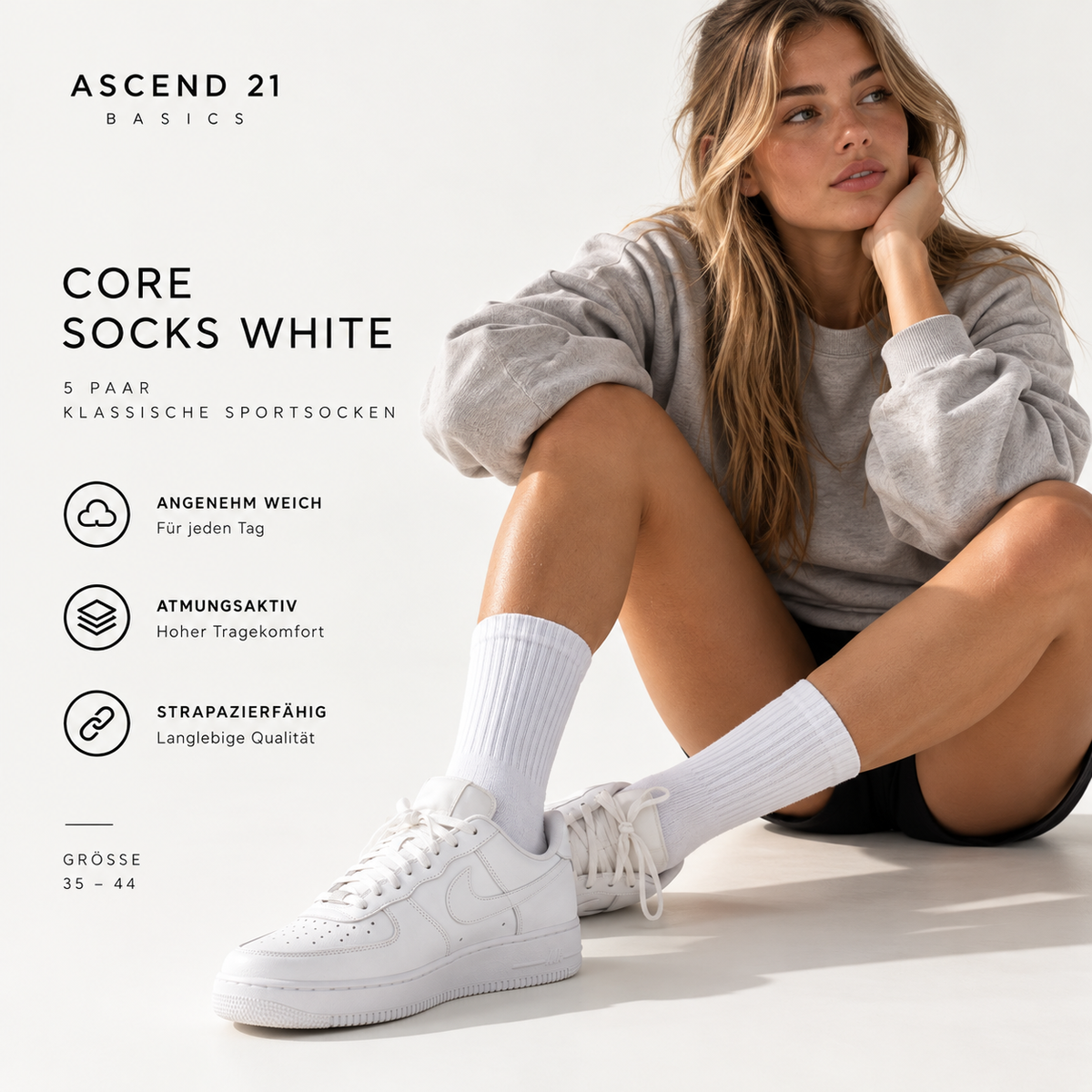 ASCEND 21 Core Socks White – Klassische weiße Sportsocken im 5er-Set