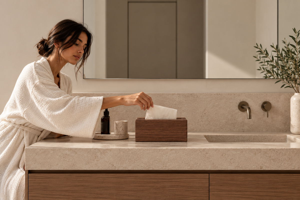 ASCEND 21 Nordic Tissue Walnut – Taschentuchbox aus Holz in Walnuss-Optik – Rechteckiger Taschentuchspender mit Schlitzöffnung – Minimalistische Kosmetiktuchbox für Badezimmer, Wohnzimmer, Schlafzimmer & Büro – 19,5 × 12 × 8,5 cm