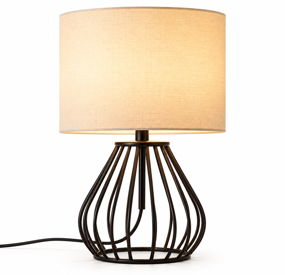 ASCEND 21 Atelier Noir Tischlampe – Moderne Design Tischleuchte mit champagnerfarbenem Stoffschirm & schwarzem Metallgestell – Elegante Nachttischlampe für Schlafzimmer, Wohnzimmer & Büro – E14