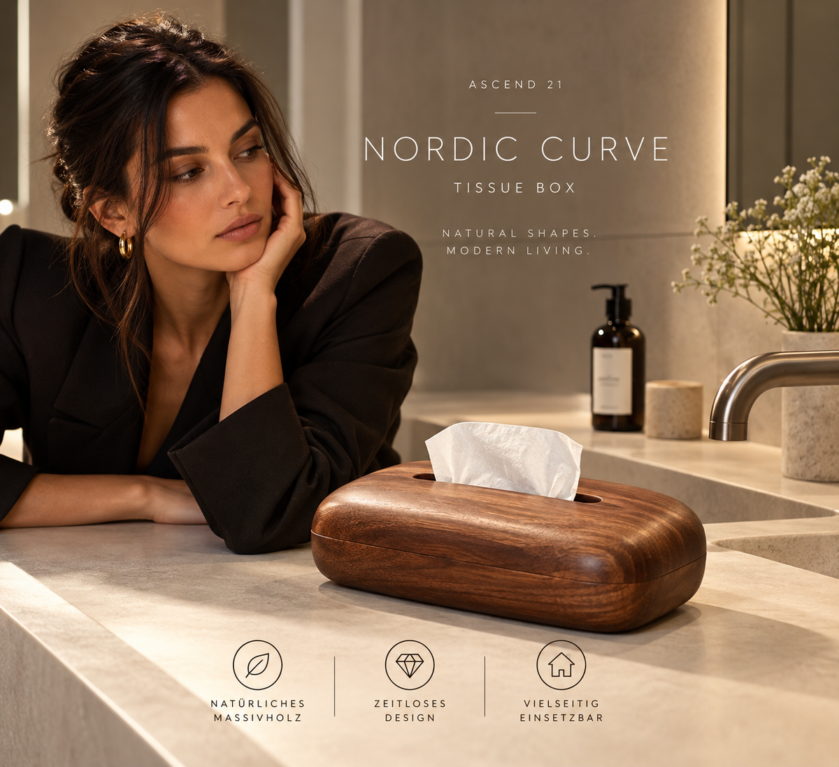 ASCEND 21 Nordic Curve – Kosmetiktuchbox aus Holz in Walnuss-Optik – Elegante Taschentuchbox mit abgerundetem Design – Moderne Tissue Box für Badezimmer, Wohnzimmer, Schlafzimmer & Büro – 22 × 13 × 6 cm