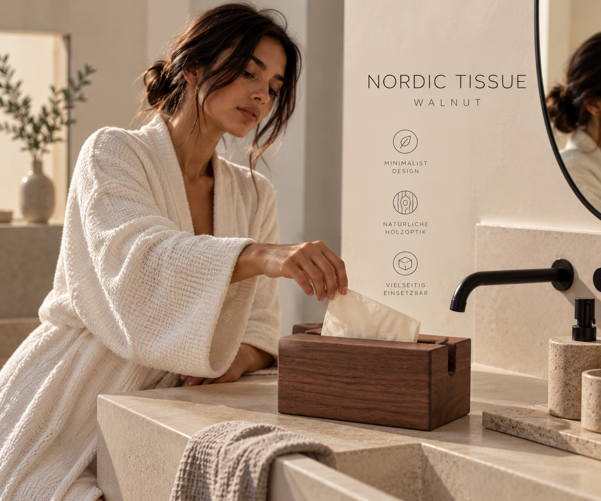 ASCEND 21 Nordic Tissue Walnut – Taschentuchbox aus Holz in Walnuss-Optik – Rechteckiger Taschentuchspender mit Schlitzöffnung – Minimalistische Kosmetiktuchbox für Badezimmer, Wohnzimmer, Schlafzimmer & Büro – 19,5 × 12 × 8,5 cm