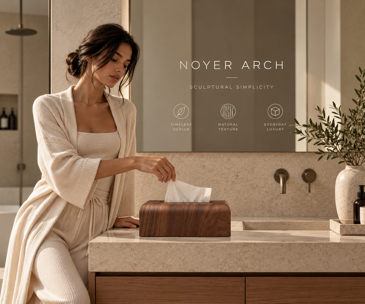 ASCEND 21 NOYER ARCH – Premium Taschentuchbox in edler Walnuss-Optik – Minimalistische Kosmetiktuchbox mit abgerundeten Kanten – Eleganter Taschentuchspender im Japandi Design für Wohnzimmer, Badezimmer & Büro – 26,5 × 14 × 8,5 cm