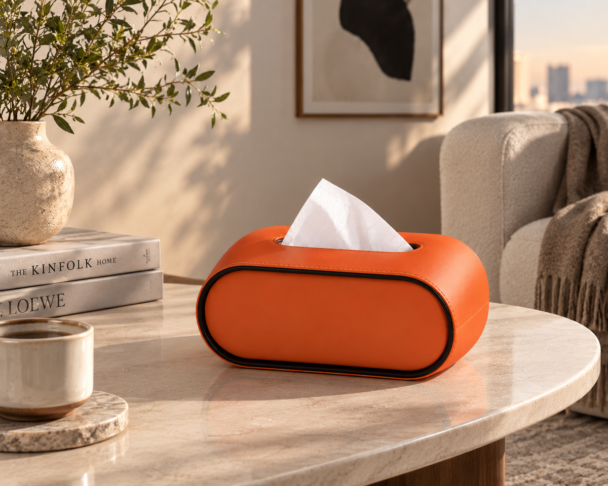 ASCEND 21 ORVIO – Premium Design Tissue Box Vibrant Orange | Moderne Kosmetiktücherbox in Orange mit schwarzem Kontrastrand | Ovale Taschentuchbox in Lederoptik | Dekorativer Taschentuchspender für Wohnzimmer, Schlafzimmer & Büro