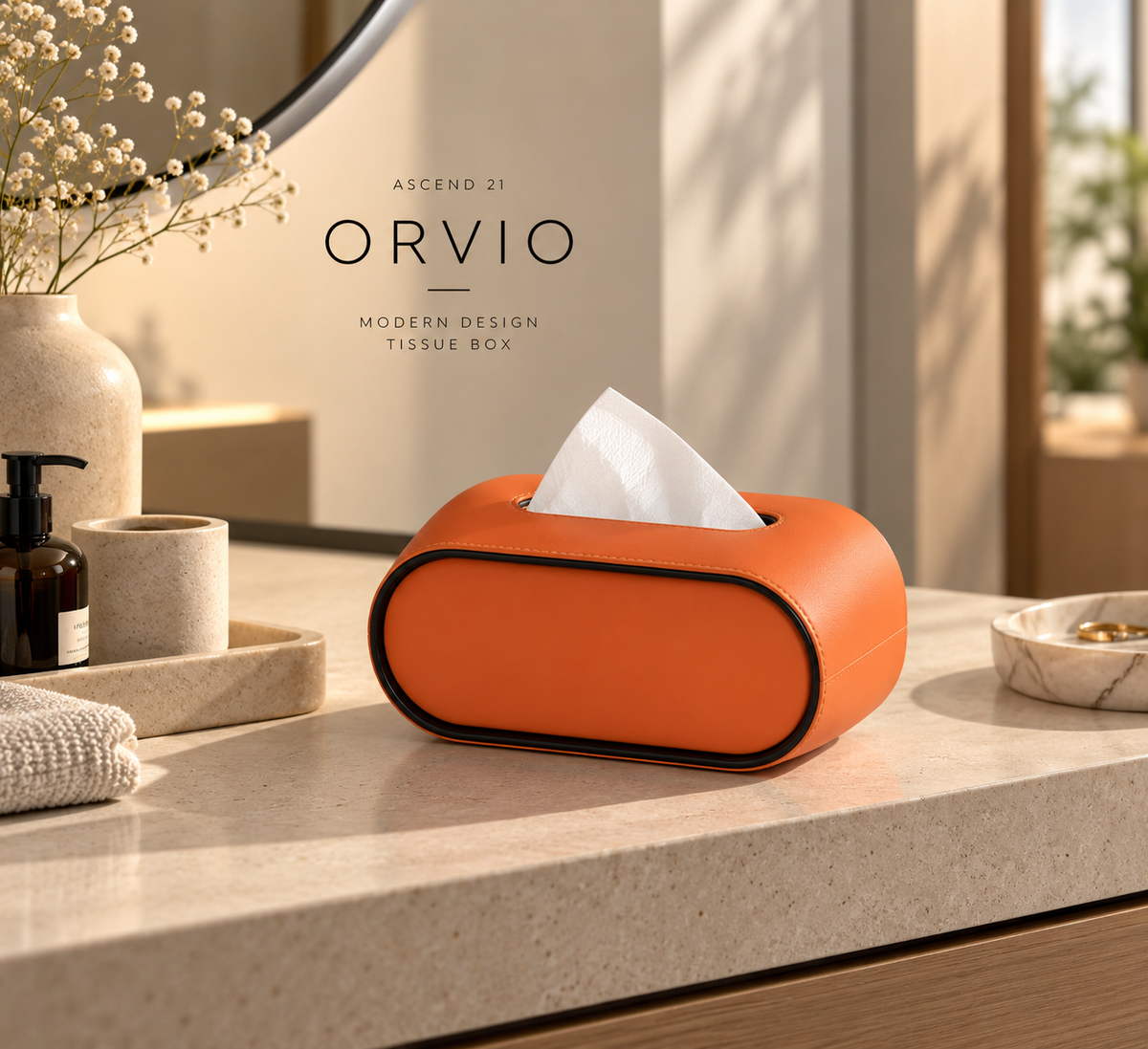 ASCEND 21 ORVIO – Premium Design Tissue Box Vibrant Orange | Moderne Kosmetiktücherbox in Orange mit schwarzem Kontrastrand | Ovale Taschentuchbox in Lederoptik | Dekorativer Taschentuchspender für Wohnzimmer, Schlafzimmer & Büro