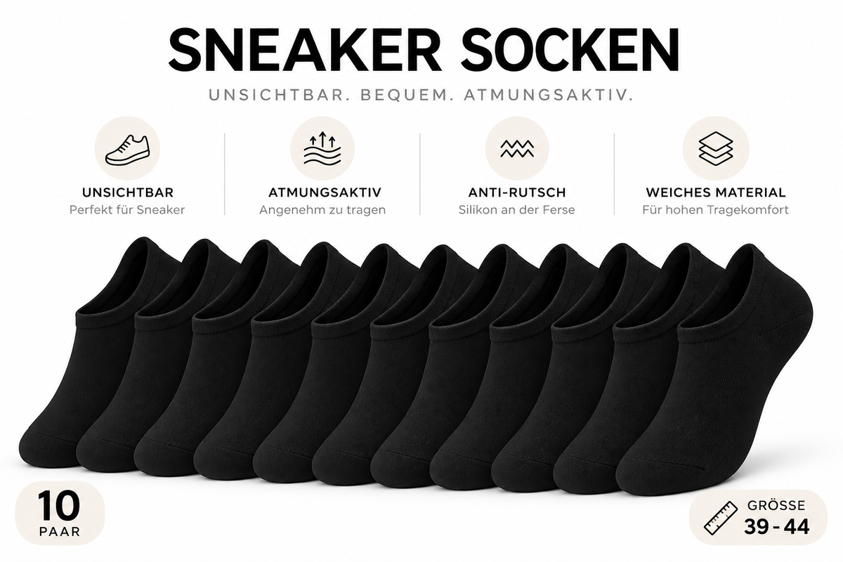 ASCEND 21 Sneaker Socken Damen & Herren – 10 Paar Schwarze Füßlinge Größe 39–44 – Unsichtbare Low Cut Sneakersocken mit Anti-Rutsch-Silikon – Atmungsaktive Kurzsocken für Sport, Alltag & Freizeit