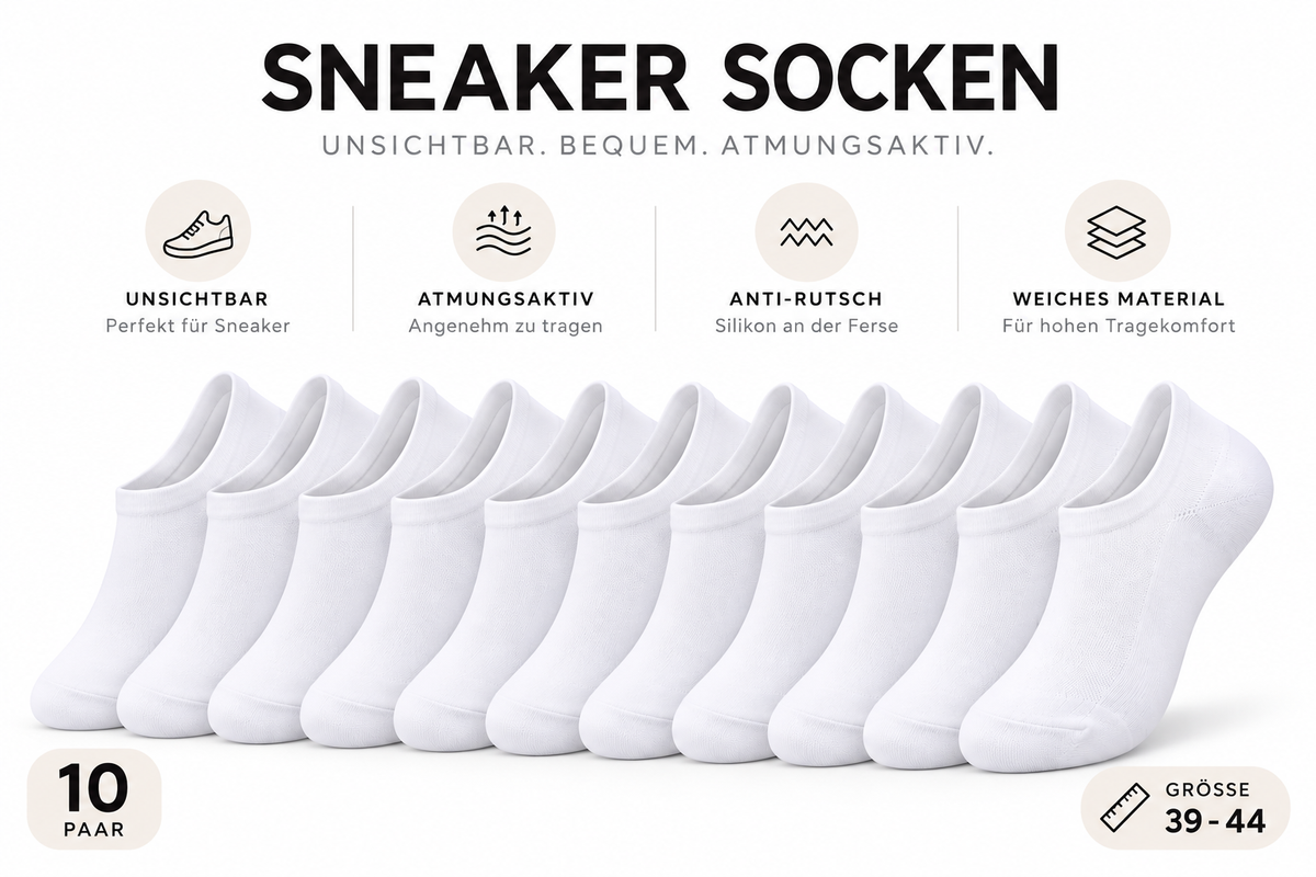 ASCEND 21 Sneaker Socken Damen & Herren – 10 Paar Weiße Füßlinge Größe 39–44 – Unsichtbare Low Cut Sneakersocken mit Anti-Rutsch-Silikon – Atmungsaktive Kurzsocken für Sport, Alltag & Freizeit
