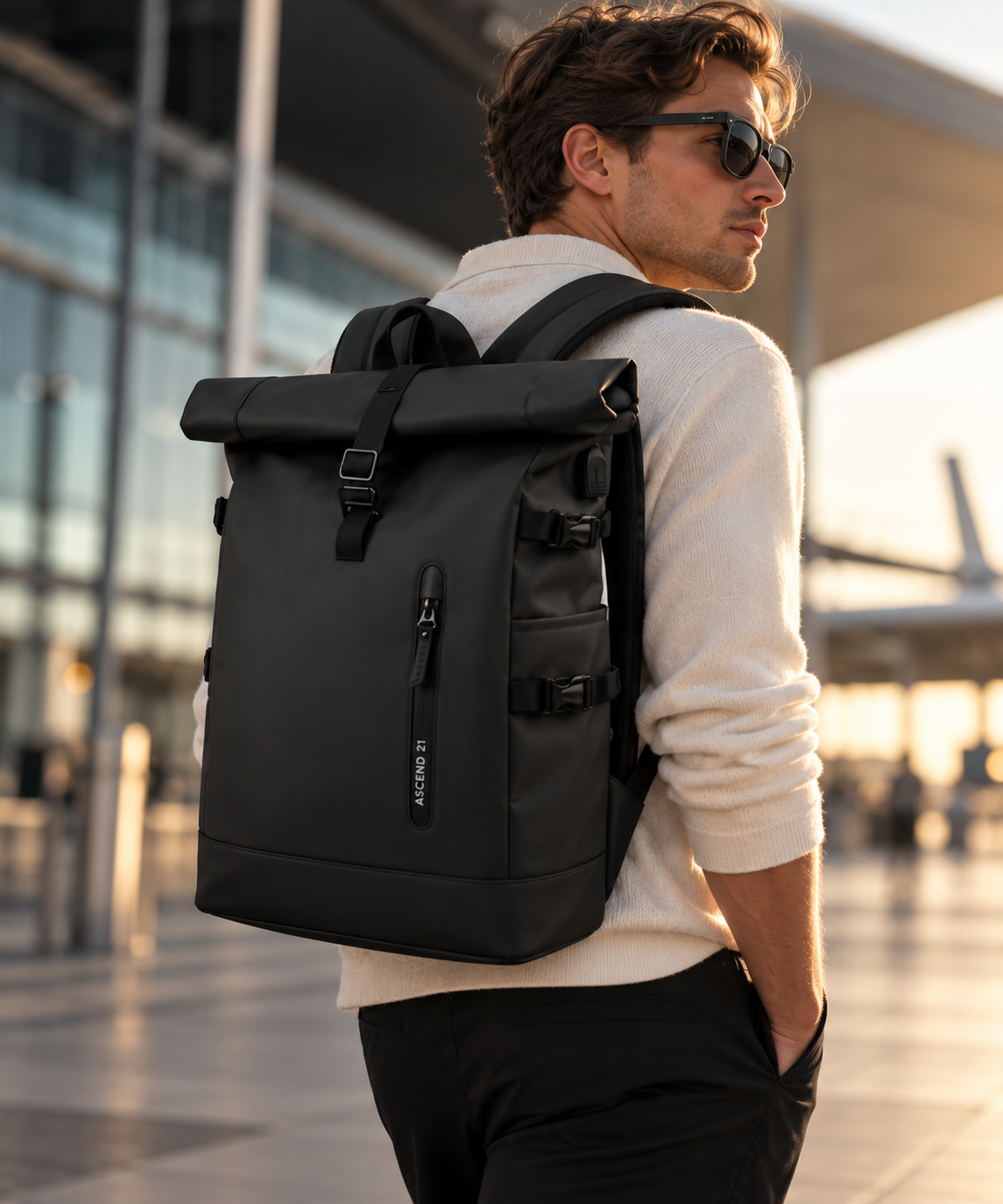 ASCEND 21 UrbanFlex Black – Rolltop Rucksack Herren & Damen – Moderner Laptop Rucksack mit verstellbaren Schultergurten – Schwarzer Business Rucksack für Büro, Uni, Alltag & Reisen