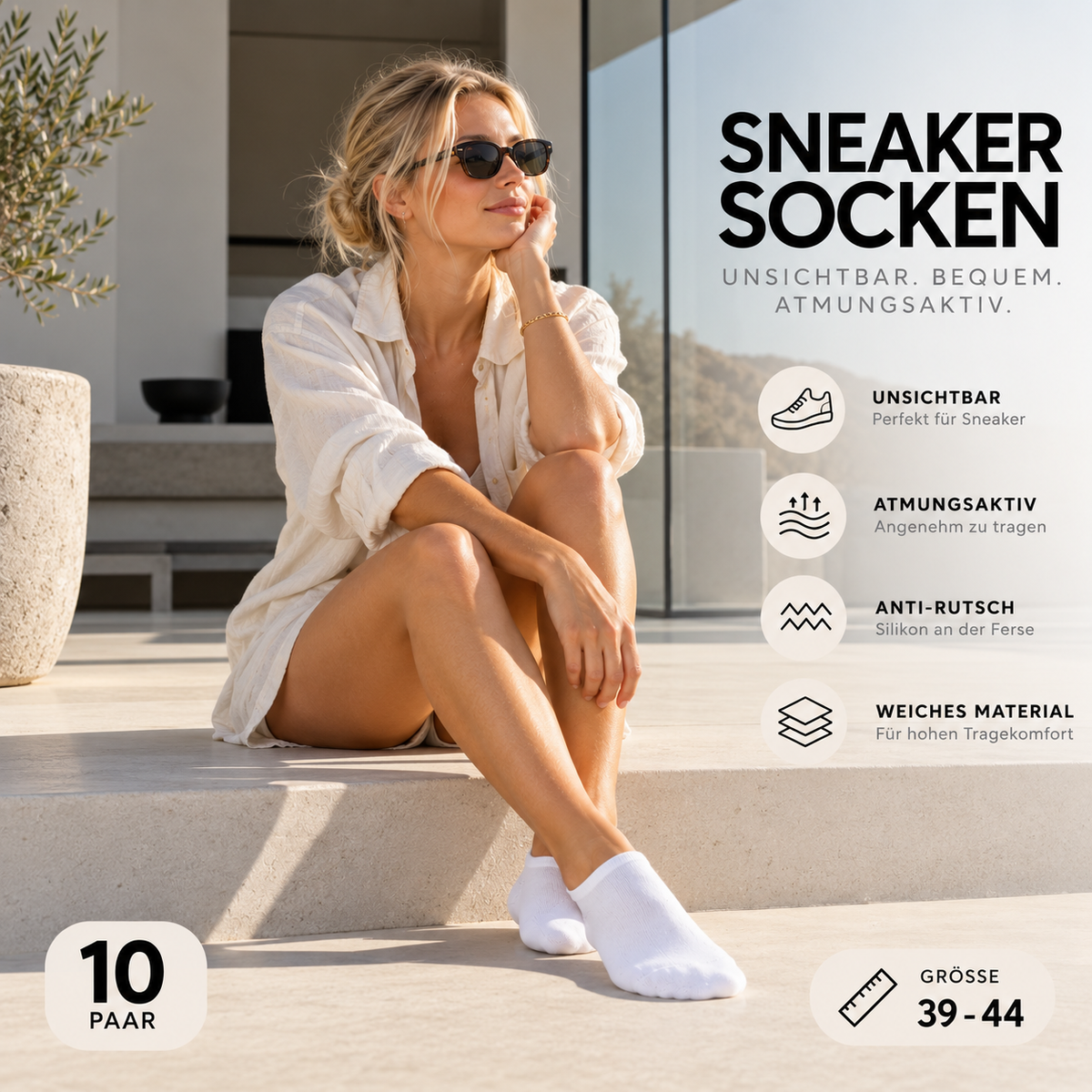 ASCEND 21 Sneaker Socken Damen & Herren – 10 Paar Weiße Füßlinge Größe 39–44 – Unsichtbare Low Cut Sneakersocken mit Anti-Rutsch-Silikon – Atmungsaktive Kurzsocken für Sport, Alltag & Freizeit