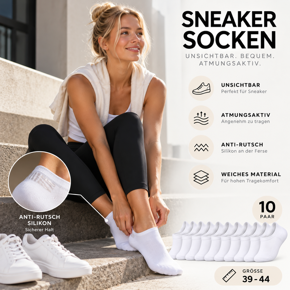 ASCEND 21 Sneaker Socken Damen & Herren – 10 Paar Weiße Füßlinge Größe 39–44 – Unsichtbare Low Cut Sneakersocken mit Anti-Rutsch-Silikon – Atmungsaktive Kurzsocken für Sport, Alltag & Freizeit