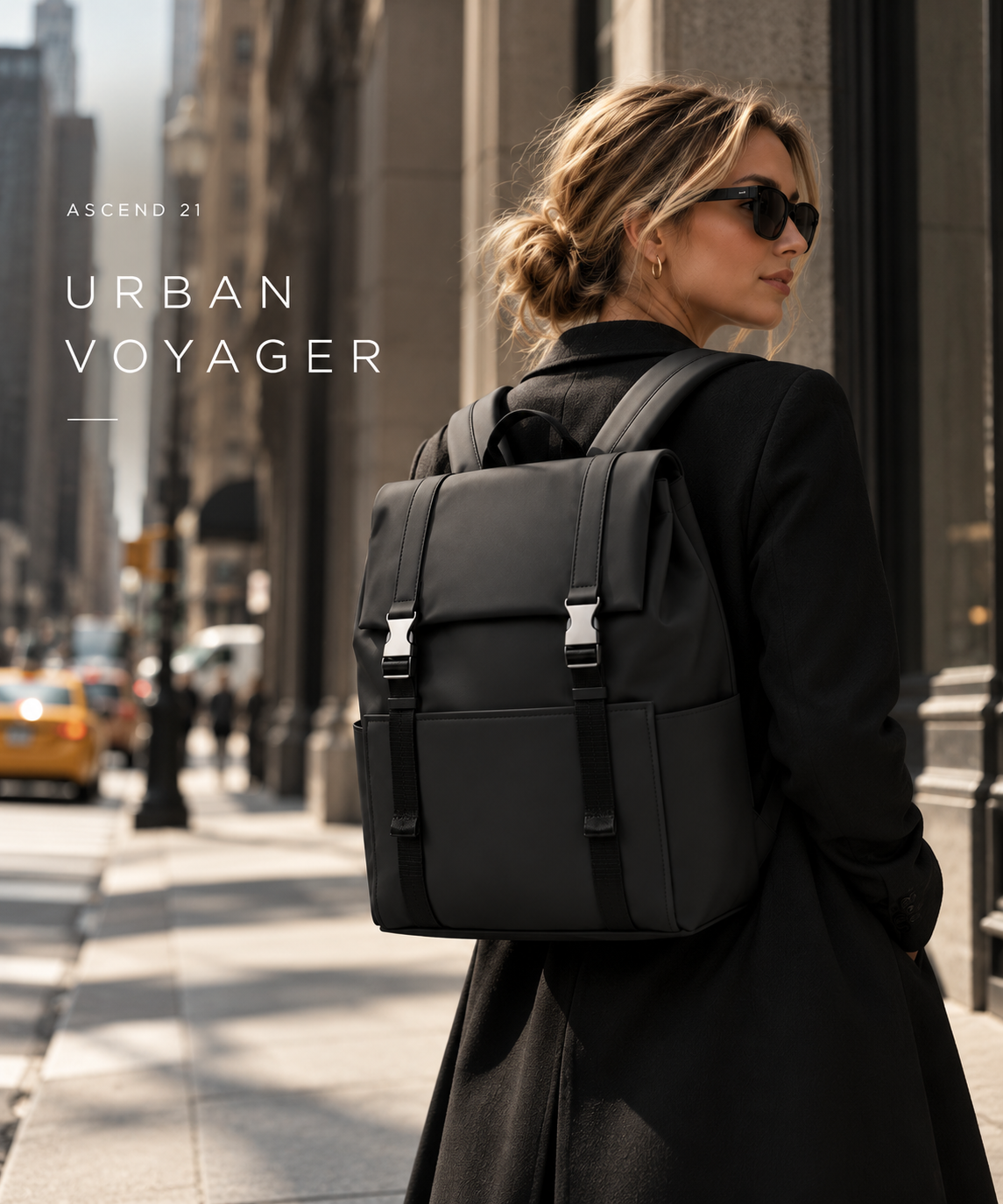 ASCEND 21 Urban Voyager Rucksack Schwarz – Moderner Business Rucksack für Herren & Damen – Minimalistischer Laptop Rucksack mit Schnallenverschluss – Reiserucksack für Büro, Uni & Alltag – 46 x 35 x 15 cm