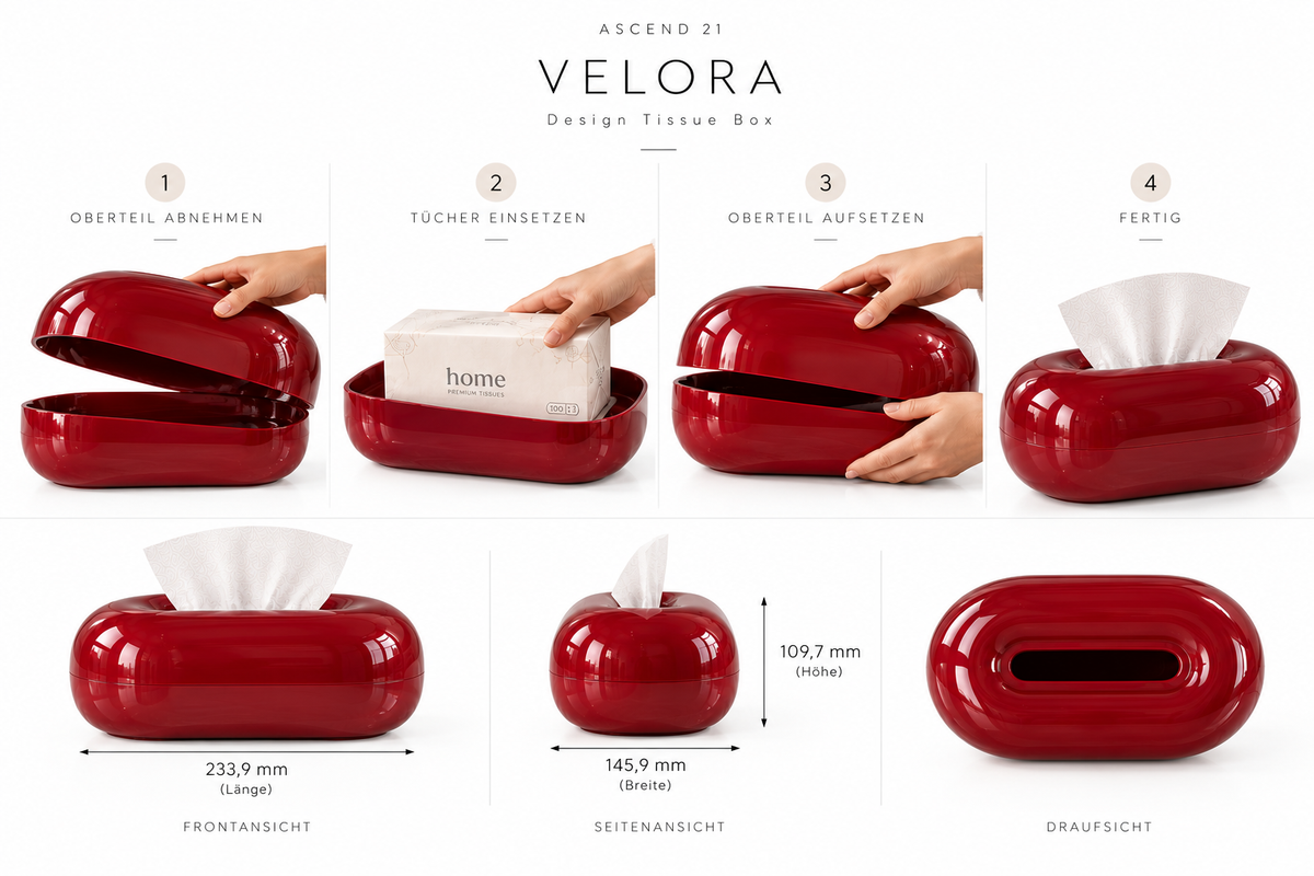 ASCEND 21 VELORA – Premium Design Tissue Box Burgundy Red | Hochglänzende Kosmetiktücherbox in Weinrot | Moderner Taschentuchspender mit organischer Form | Dekorative Taschentuchbox für Wohnzimmer, Bad & Büro