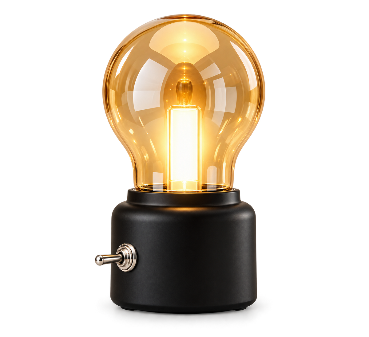 ASCEND 21 Retro Glow Black – LED Tischlampe im Vintage Design – Dekorative Nachttischlampe mit warmem Licht & Kippschalter – Kleine Retro Tischleuchte in Glühbirnen-Optik für Schlafzimmer, Wohnzimmer & Schreibtisch – Schwarz, 11 cm