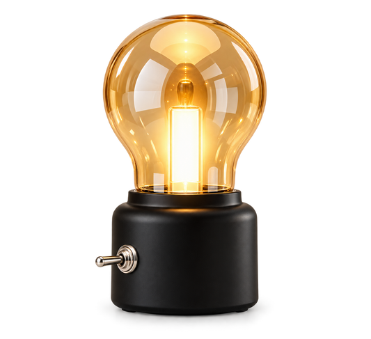 ASCEND 21 Retro Glow Black – LED Tischlampe im Vintage Design – Dekorative Nachttischlampe mit warmem Licht & Kippschalter – Kleine Retro Tischleuchte in Glühbirnen-Optik für Schlafzimmer, Wohnzimmer & Schreibtisch – Schwarz, 11 cm