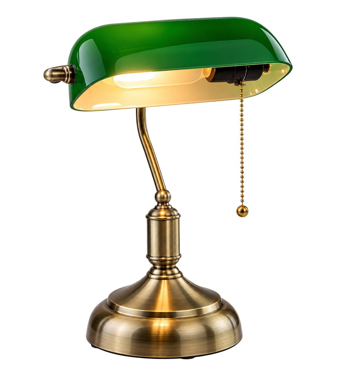 ASCEND 21 Emerald Heritage Bankerlampe Grün – Klassische Schreibtischlampe mit Glasschirm & Zugschalter – Vintage Tischlampe in Messingoptik – Retro Bürolampe für Arbeitszimmer, Büro & Wohnzimmer – 36 cm