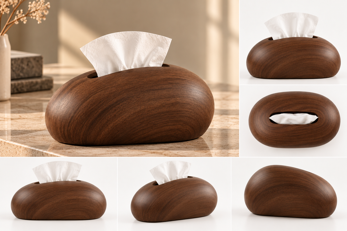 ASCEND 21 NUVORA – Premium Design Tissue Box Dark Walnut | Dekorative Kosmetiktücherbox in Walnussholzoptik | Organisch geformter Taschentuchspender | Moderne Taschentuchbox für Wohnzimmer, Schlafzimmer & Büro