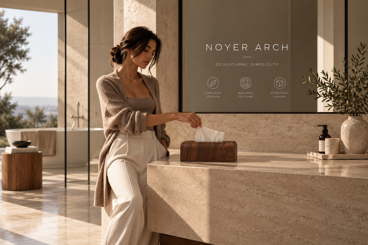 ASCEND 21 NOYER ARCH – Premium Taschentuchbox in edler Walnuss-Optik – Minimalistische Kosmetiktuchbox mit abgerundeten Kanten – Eleganter Taschentuchspender im Japandi Design für Wohnzimmer, Badezimmer & Büro – 26,5 × 14 × 8,5 cm